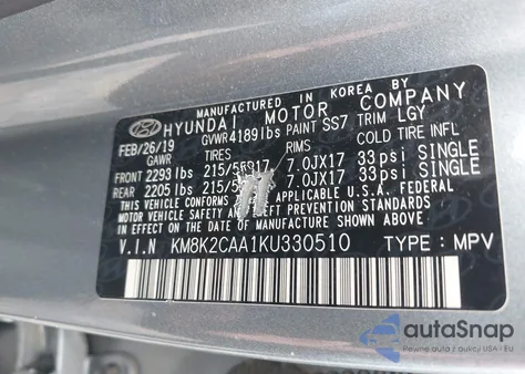 2019 Hyundai Kona Sel z USA, uszkodzony, nr VIN KM8K2CAA1KU330510